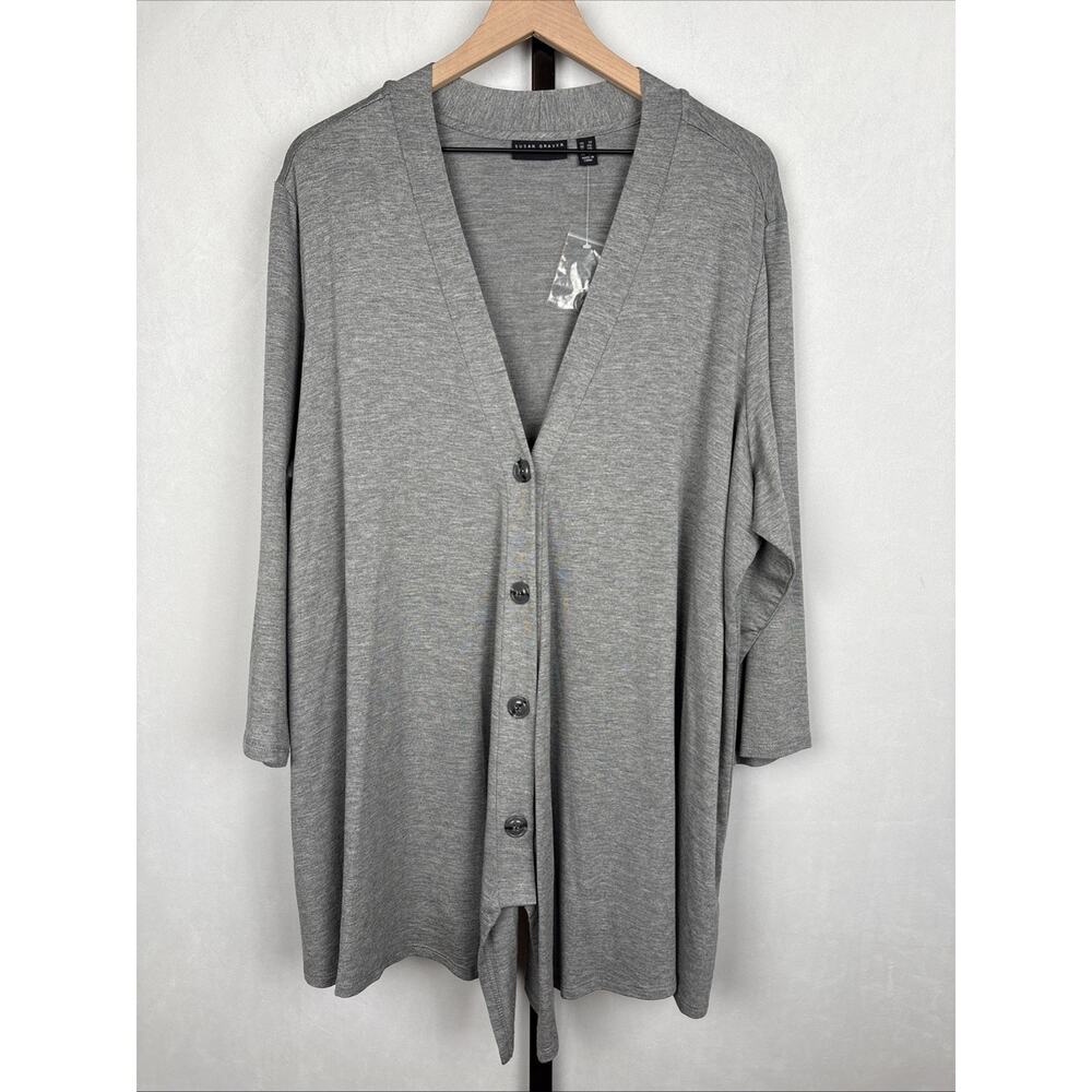 Susan Graver Weekend Knit Cardigan Sweater Womens 2X Gray Buttons Stretch Draped